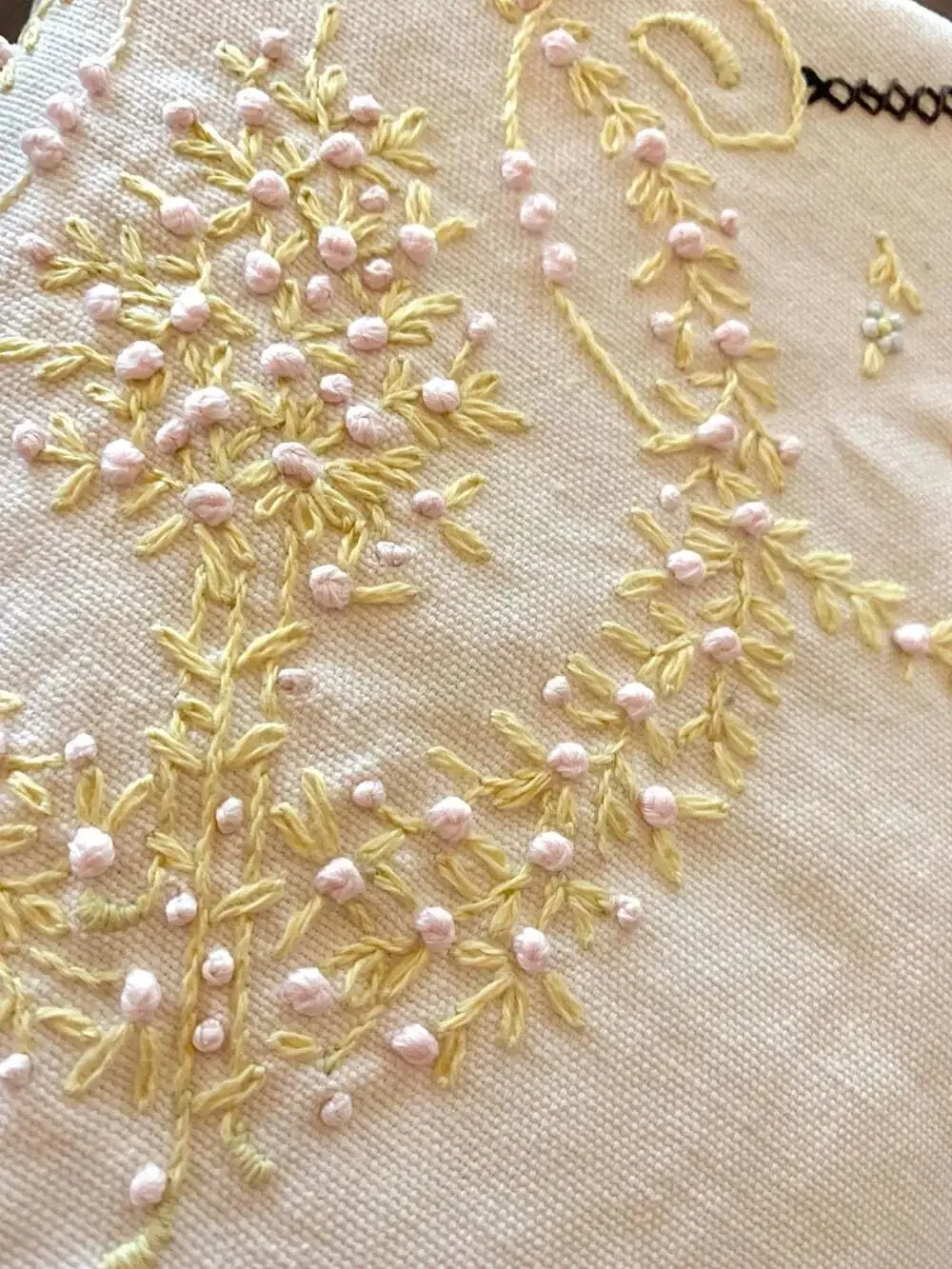Embroidered Crochet Round  small table cloth vintage handmade beige yellow pink